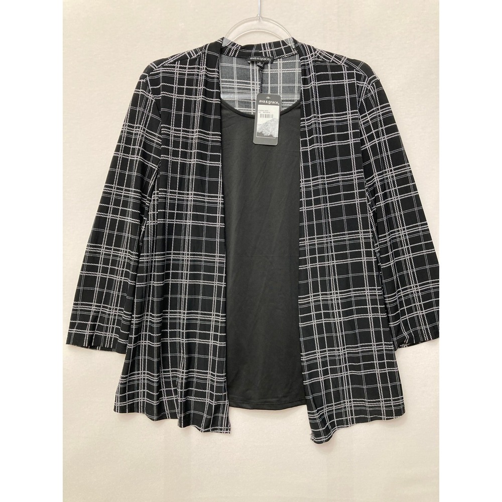 New Ava & Grace Top Large Black Plaid Layered Stretch Knit Office Preppy Comfy